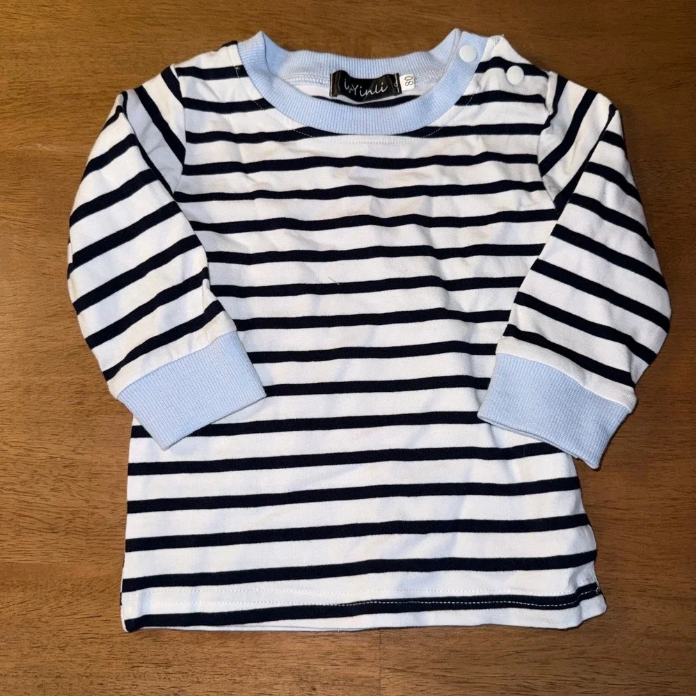 Ivyinli Baby Boys Denim Overalls and Striped Shirt Set Blue White Dog Size 80